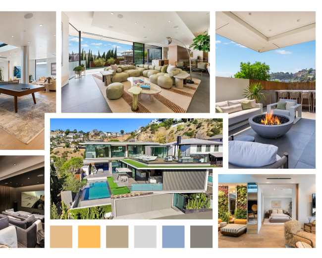 The image features a collection of modern interior and exterior spaces, showcasing sleek designs with various seating areas, a swimming pool, and terraces.