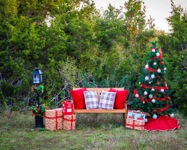 A decorated outdoor scene featuring a wooden bench with red pillows, a Christmas tree adorned with ornaments, and several wrapped presents on the ground.