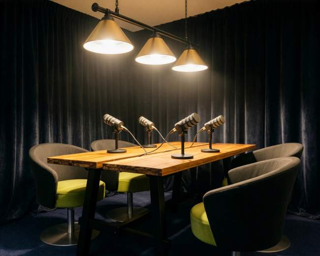 The image depicts a conference room set up with a wooden table and four modern, upholstered chairs, each equipped with a microphone for discussions.