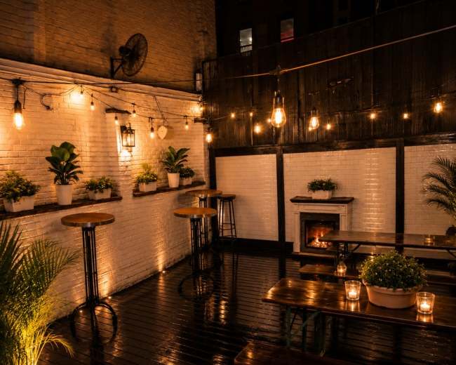 The image shows a dimly lit outdoor seating area of a restaurant featuring wooden tables, greenery in pots, and decorative string lights.