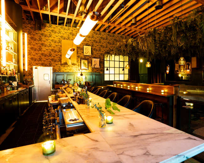 The image shows a dimly lit bar with a marble countertop, wooden beams overhead, and greenery adorning the ceiling.