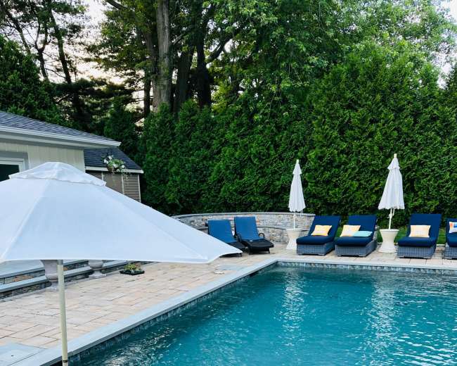A swimming pool features a shallow ledge, surrounded by lounge chairs and an umbrella, with lush greenery in the background.