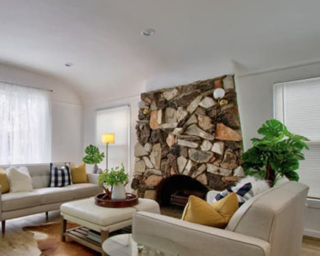 The living room features a stone fireplace, two sofas with decorative pillows, a coffee table, and plants adding greenery to the space.