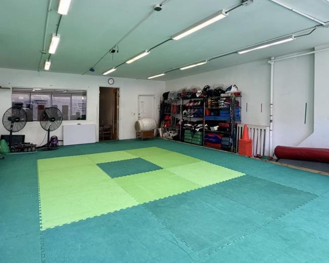 The image shows a martial arts training room with green and yellow mats, various exercise equipment, and storage shelves filled with gear along the wall.