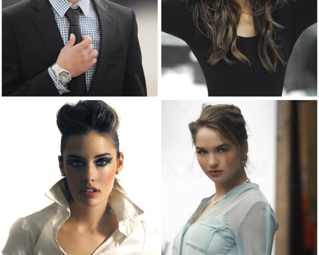 The image showcases four individuals, two men and two women, dressed in fashionable attire against a blurred background.