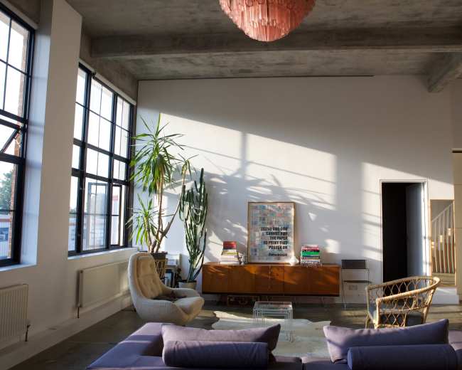 The image shows a bright, modern living room with large windows, a mixture of plants, and minimalist furniture including a low sofa and a wooden cabinet.
