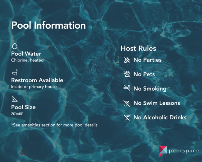 Information about a pool, including details on water type, restroom availability, pool size, and host rules.