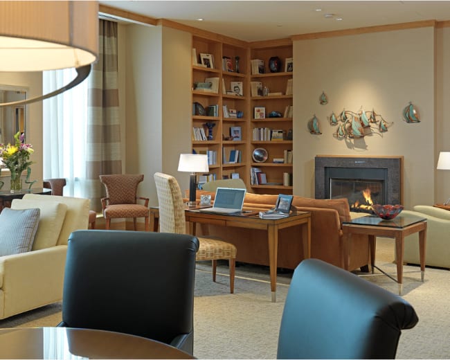 The image shows a modern, well-decorated lounge area featuring comfortable seating, a fireplace, and bookshelves filled with decor and books.