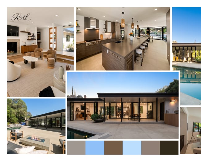The image displays a modern residential interior and exterior, featuring an open-concept kitchen, living area, patio, and pool surrounded by minimalistic architecture.