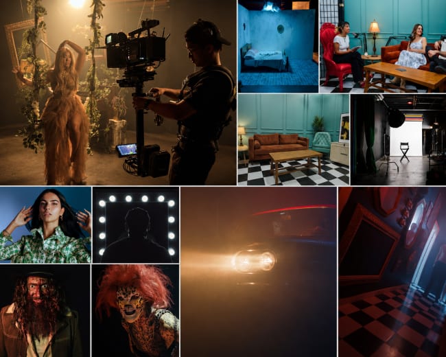 The image showcases various scenes from a film or photo shoot, featuring a mix of set designs, actors, and crew members in different stages of production.