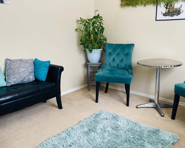 The image shows a small living room area with a black couch, a green chair, a round table, a potted plant, and a textured light blue rug.