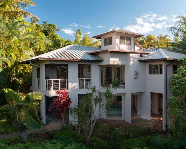 A modern two-story house is surrounded by lush tropical vegetation and features a metal roof and large windows.