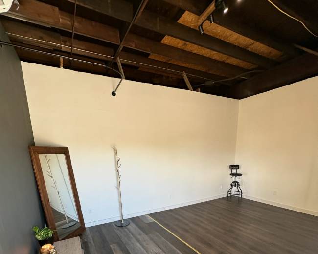 The image shows an empty room with dark wooden flooring, a large mirror against one wall, and minimal fixtures, including a plant and a chair.