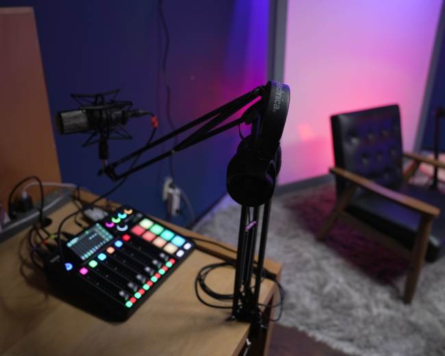 A microphone and audio control panel are set up on a wooden desk next to a chair in a softly lit recording space.