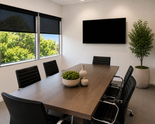 The image shows a modern conference room with a wooden table, black chairs, a large television on the wall, and windows featuring greenery outside.