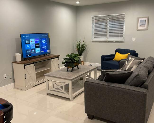 A modern living room features a gray sofa, a blue chair, a coffee table, and a television mounted on a media console with decorative plants and a window.