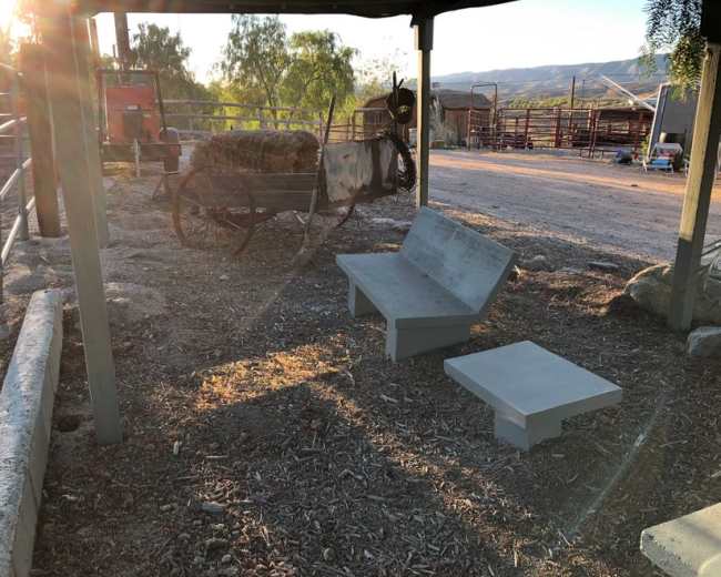 The image shows a shaded area with concrete benches, a wooden cart, and a rustic farm setting in the background.