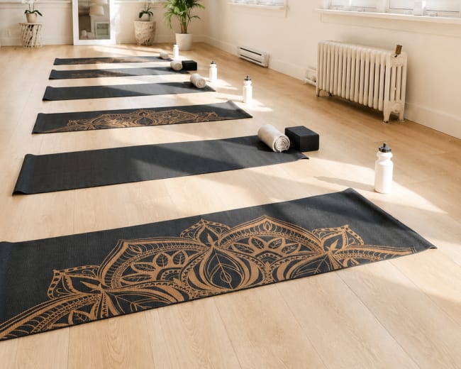 The image shows a bright and spacious yoga studio with several yoga mats arranged in rows, water bottles, blocks, and towels placed on each mat.