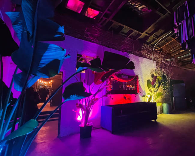The scene features an industrial space with vibrant lighting, including purple and pink hues, highlighting plants and a dark furniture piece against a textured wall.