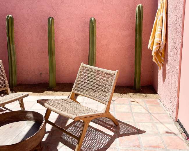 A small outdoor patio features a pink wall, two wooden chairs, a circular table, and tall cacti along one side.