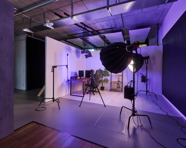 The image shows a modern photography studio featuring various lighting equipment, a work desk with computers, and a large potted plant.