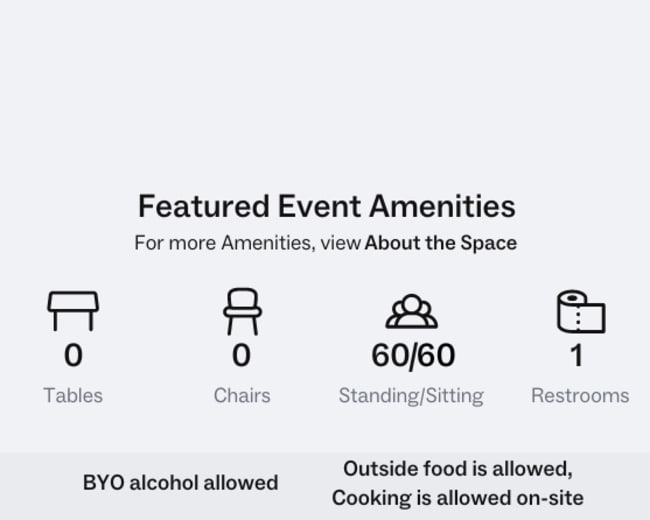 The image outlines featured event amenities, indicating zero tables and chairs, a standing/sitting capacity for 60 people, and one restroom, with notes on alcohol and food policies.