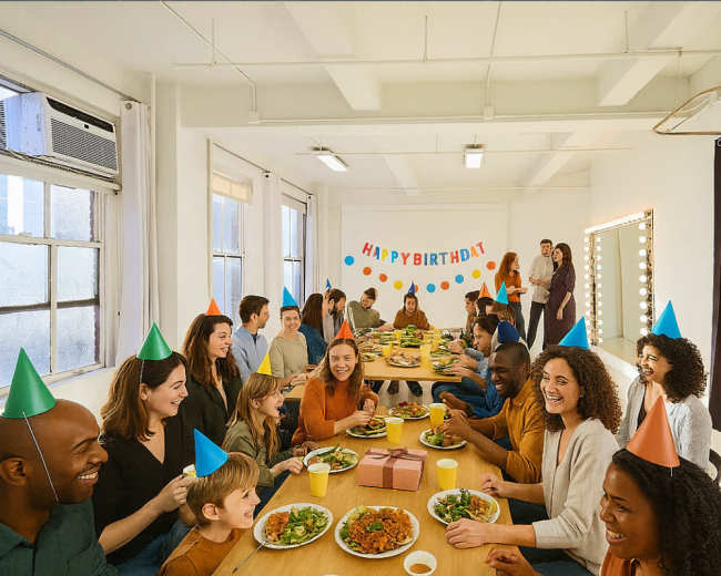 A large group of people is seated around a long table decorated for a birthday celebration, with party hats, food, and a "Happy Birthday" banner in the background.