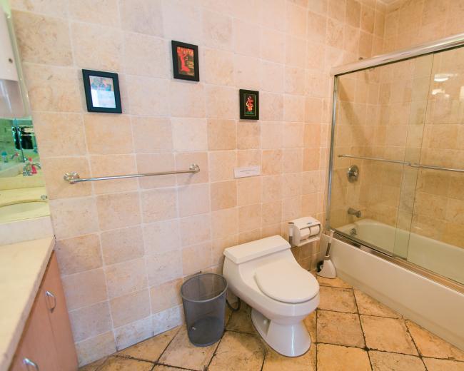 The image shows a bathroom featuring a shower-tub combination, a toilet, and wall-mounted artwork.