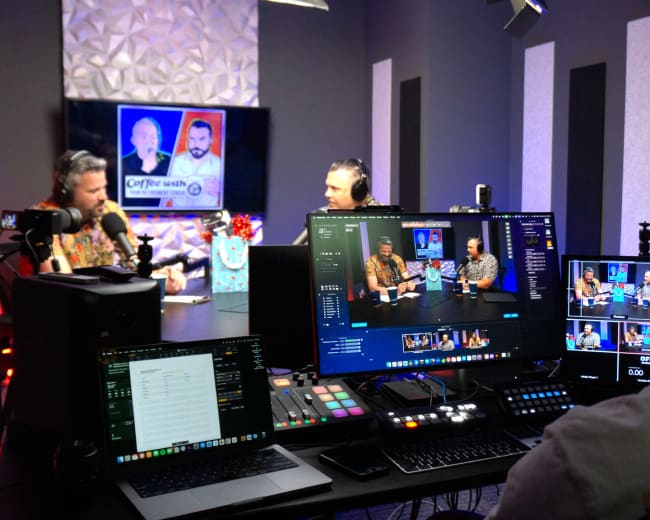 The image shows a video recording studio with two hosts seated at a table discussing, while a technical operator manages equipment and monitors multiple screens.
