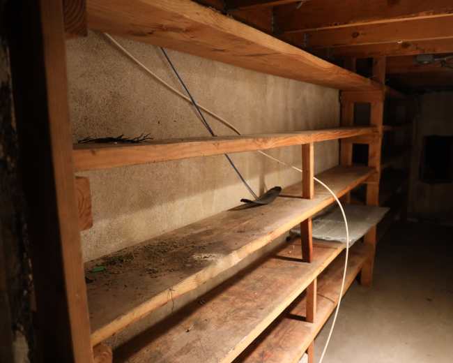 The image shows a dimly lit basement with wooden shelves against the walls, some clutter and dust visible on the shelves.