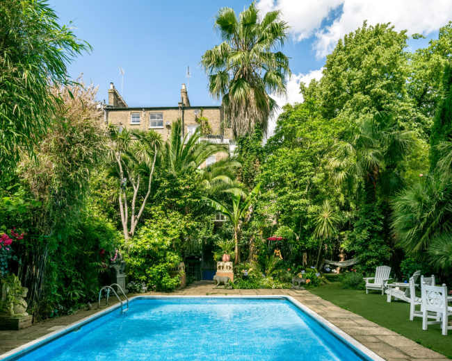 The image shows a swimming pool surrounded by lush greenery and palm trees, with a building partially visible in the background.