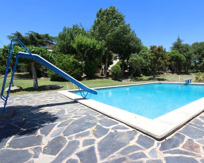 The image shows a rectangular swimming pool surrounded by a paved patio and lush greenery.