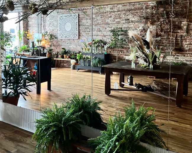 The image shows a room with a wooden floor and walls adorned with plants, a brick wall in the background, and shelves displaying various greenery.