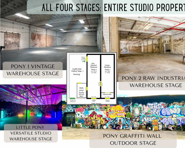 The image displays four distinct studio spaces: a vintage warehouse stage, a raw industrial warehouse stage, a versatile studio warehouse stage, and an outdoor stage featuring a graffiti wall, all in one property.