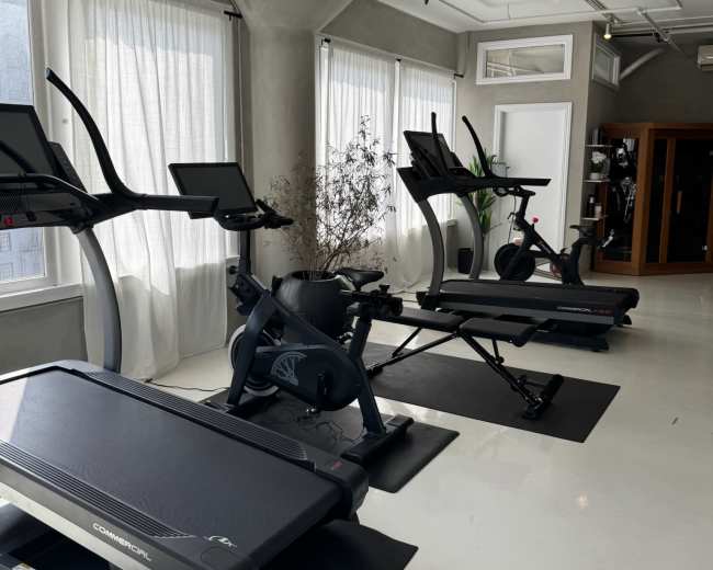 The image shows a modern gym interior with various exercise equipment including treadmills and elliptical trainers, placed in front of large windows with natural light.