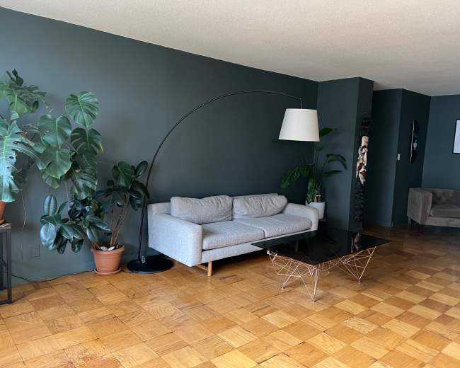 A modern living room features a gray couch, a large floor lamp, a glass coffee table, indoor plants, and wooden flooring.