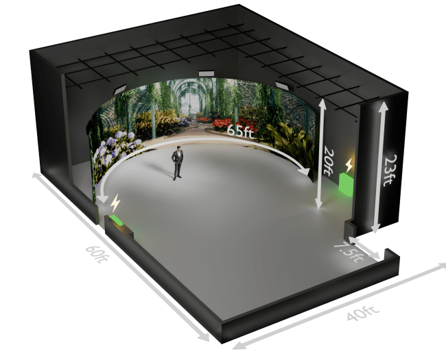 The image shows a 3D architectural rendering of a large, curved exhibition space featuring a person standing in the center, with dimensions labeled as 60 feet by 40 feet and a height of 23 feet.