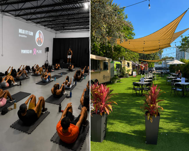 The left side shows a fitness class in a gym with participants doing exercises on mats, while the right side displays an outdoor dining area with food trucks and seating under a shaded canopy.