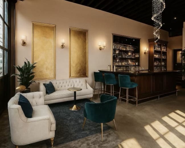 The image shows a modern lounge area with a light-colored sectional sofa, a round coffee table, bar seating, and a well-stocked bar against a wall with framed art pieces.