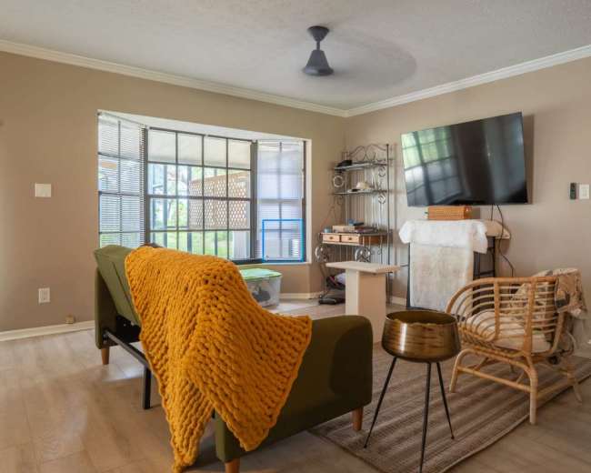 The image shows a cozy living room featuring a large window, a television mounted on the wall, a green sofa with a yellow throw blanket, a wooden coffee table, and a rattan chair.