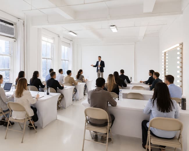 A group of people sits at tables in a bright, modern classroom while a presenter stands in front of them, speaking.