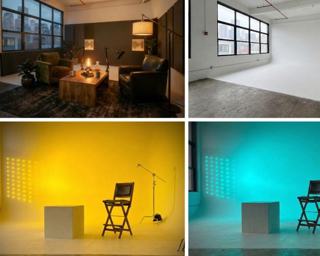 The image features four different studio settings: the top left shows a cozy living area with chairs and a wooden table; the top right displays a blank white studio space; the bottom left presents a yellow backdrop with a chair and a light; and the bottom right features a turquoise backdrop with a chair and lighting
