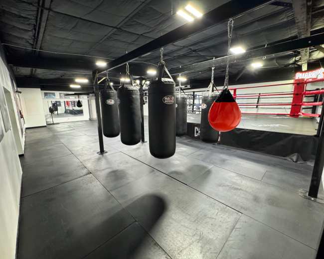 The image shows a boxing gym with multiple hanging punching bags, a red speed bag, and a boxing ring in the background.