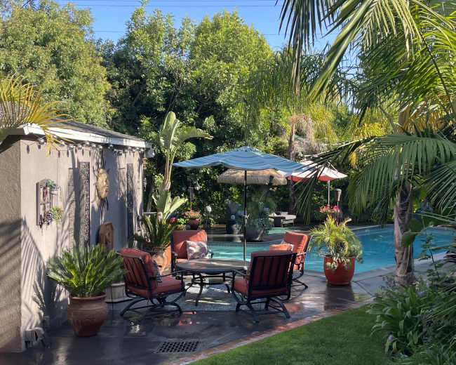 A well-maintained backyard features a swimming pool surrounded by palm trees, outdoor furniture, and a covered patio area.