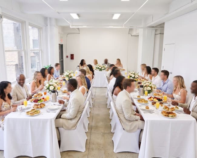 A long, elegantly set dining table is filled with guests enjoying a meal, surrounded by bright, well-lit surroundings.