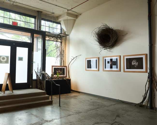 The image shows an interior space featuring a staircase, a set of double doors, and a wall with framed photographs and a nest mounted above.