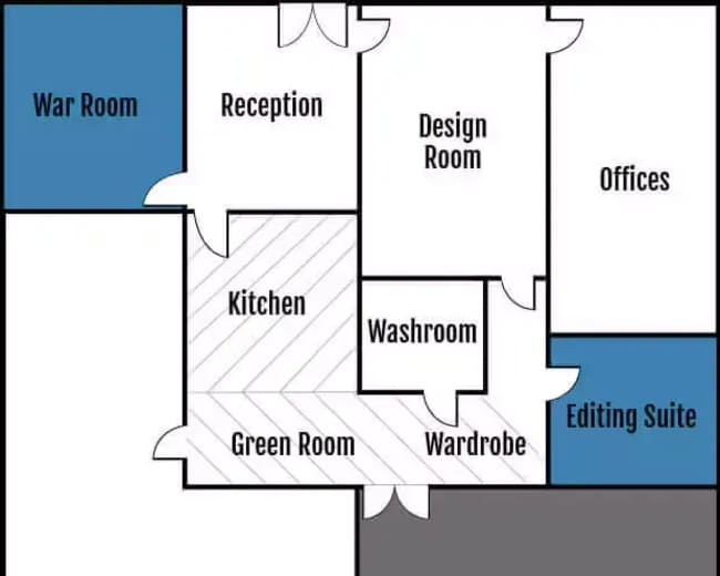The image is a floor plan showing the layout of various rooms, including a War Room, Reception, Design Room, Offices, Kitchen, Washroom, Green Room, Wardrobe, Editing Suite, and a Studio labeled as 680 square feet.