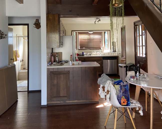 A spacious interior of a home with a kitchen and living area, featuring wood accents, a staircase, and various plants.