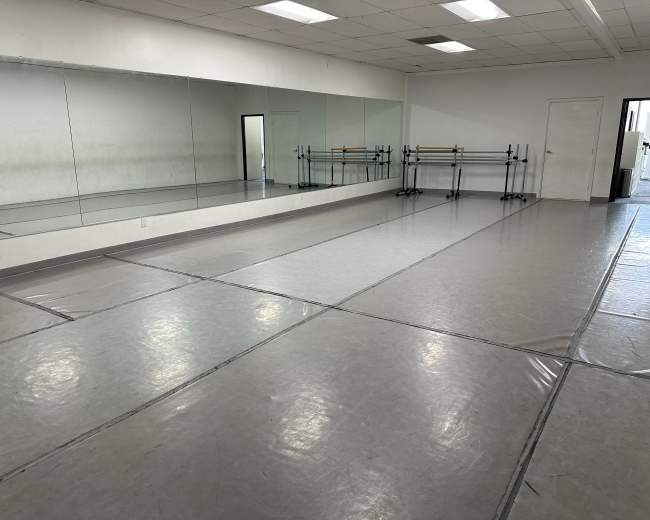 The image shows a spacious dance studio with a mirrored wall, a clean floor, and ballet barres lined against the opposite wall.