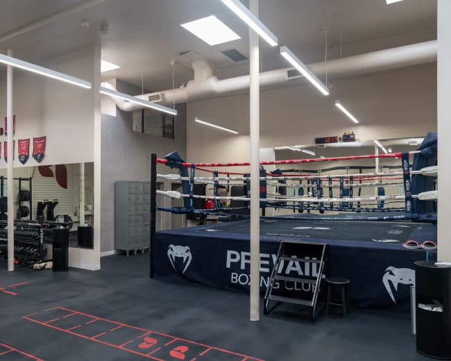 The image shows an interior view of a boxing gym featuring a boxing ring, weightlifting equipment, and various gym accessories.